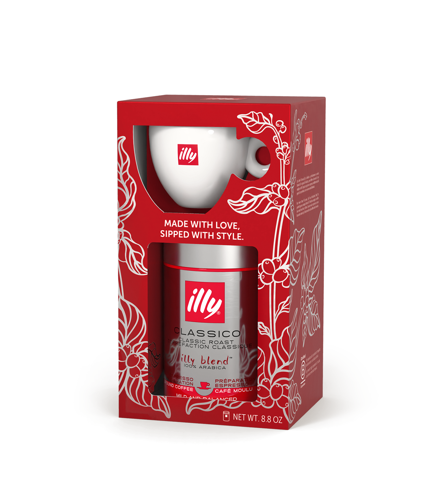 Illy – Paketim Krishtlindjesh me 1 kanaçe kafeje të bluar 250 g dhe set filxhanësh