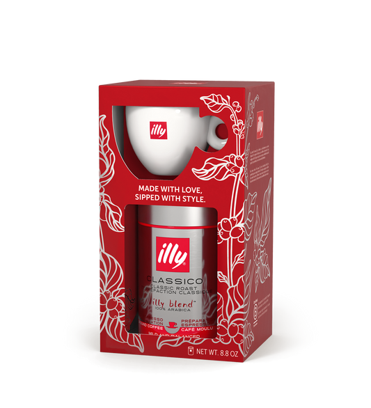 Illy – Paketim Krishtlindjesh me 1 kanaçe kafeje të bluar 250 g dhe set filxhanësh